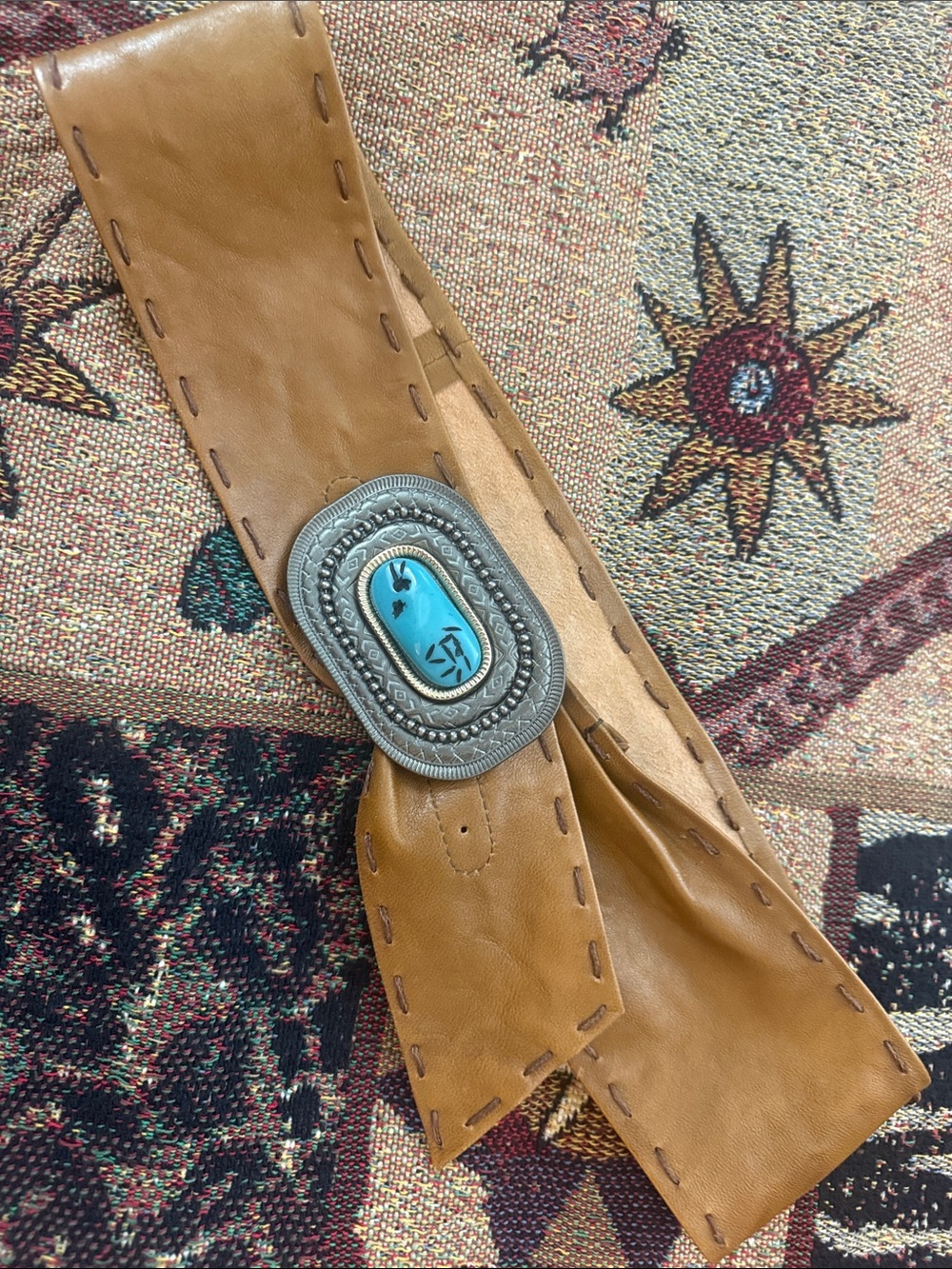 Women’s Southwest Style Soft Tan Leather Belt with Faux Turquoise Stone Buckle